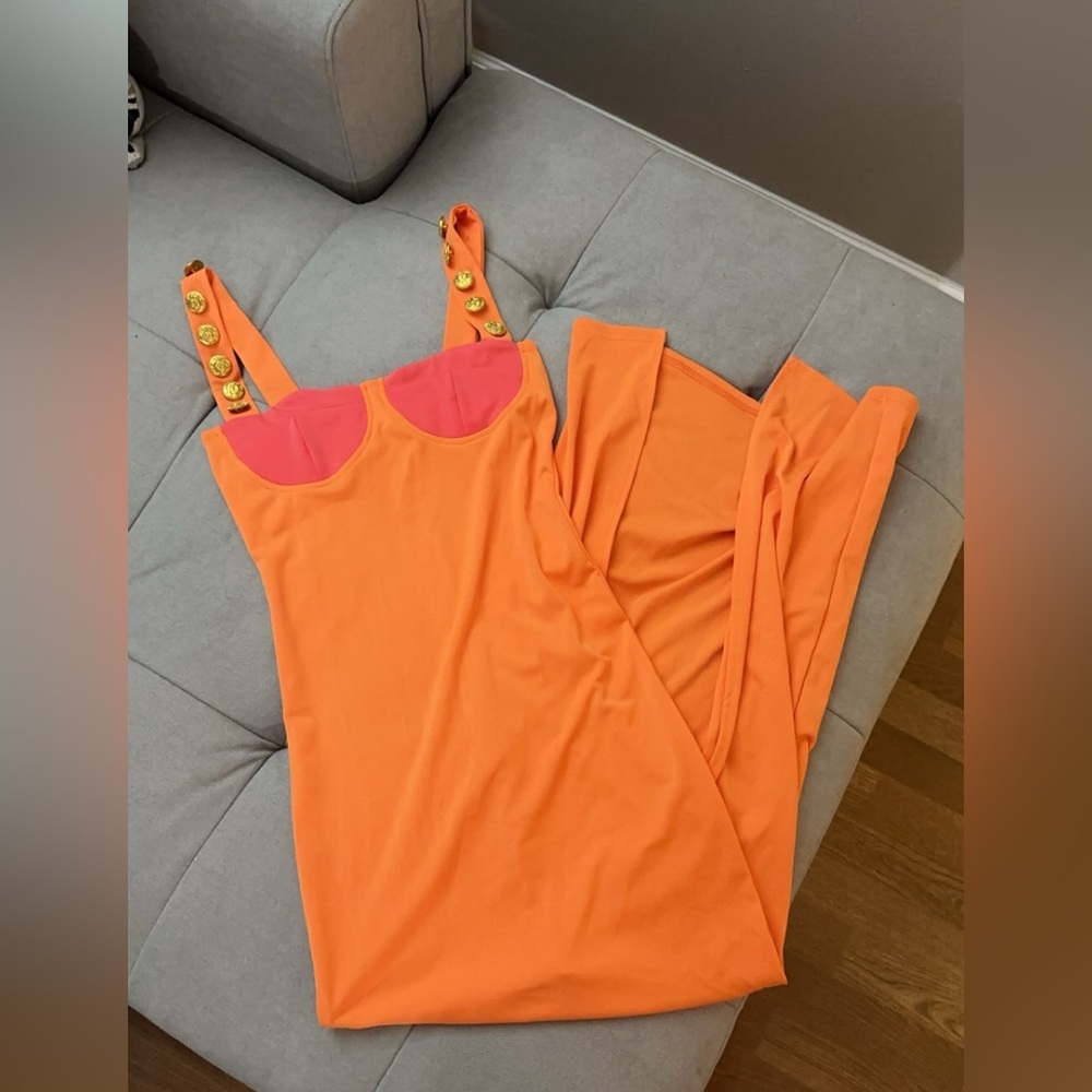 Orange, pink with gold button dress